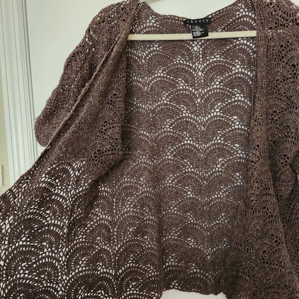 Theory Brown Linen Blend Crochet Open Knit Cardigan XS